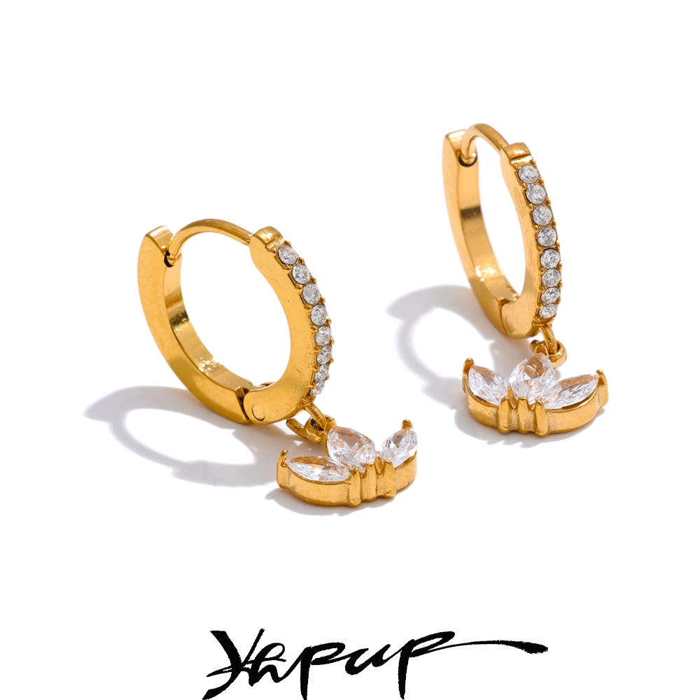 Yhpup Cubic Zirconia Flower Drop Hoop Earrings Stainless Steel Gold