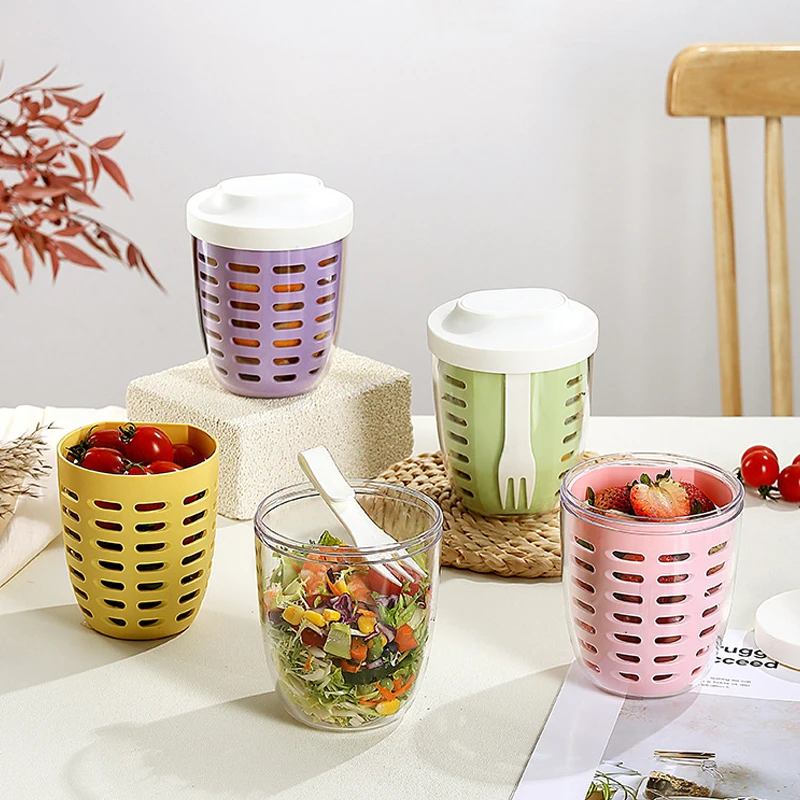 Portable Double-layer Drain Cup Breakfast Cups Oatmeal Cereal Nut Yogurt Salad Cup Container Set School Lunch Food Storage