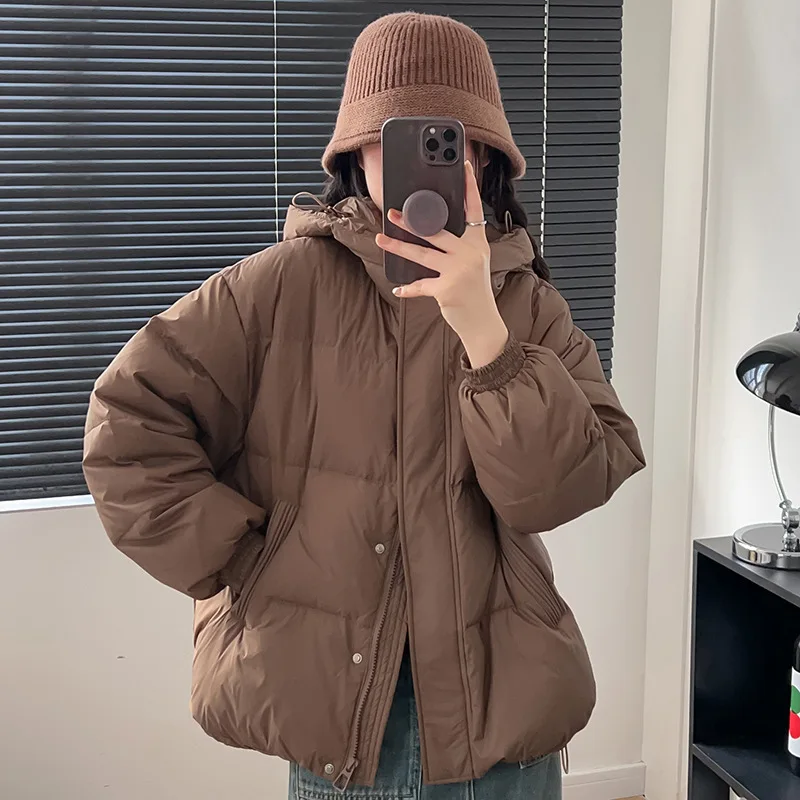 Chaqueta de plumón para mujer, abrigo corto de invierno cálido, holgado, con capucha, de pato blanco, chaqueta de plumón, moda, ocio, color sólido, parka