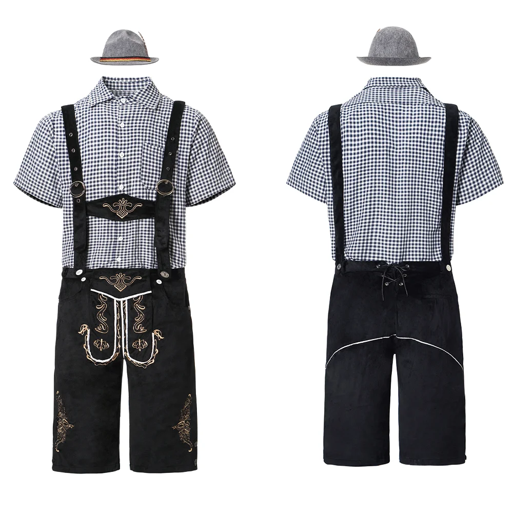 Costume Oktoberfest Homme Complet - Pantalon à Bretelles, Chemise à Carreaux, Chapeau Bavarois