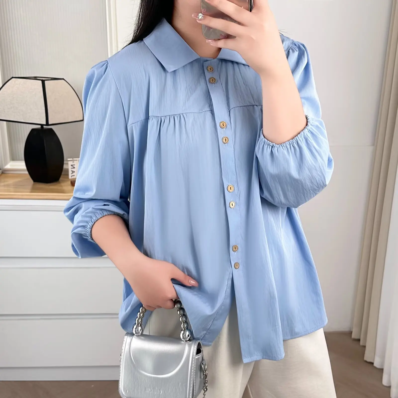 Plus Size Women's Blouses 2025 Autumn Casual double-button Puff Sleeved Peter Pan Collar Shirt 663