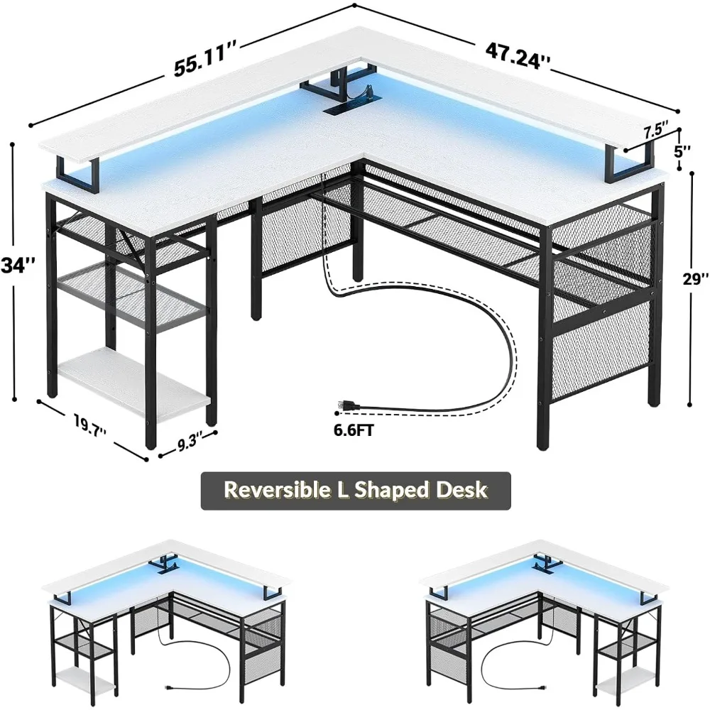 L-Shaped Desk with LED Strip and Power Outlets, Reversible Corner Computer Desk with Monitor Stand and Storage Shelf, 3