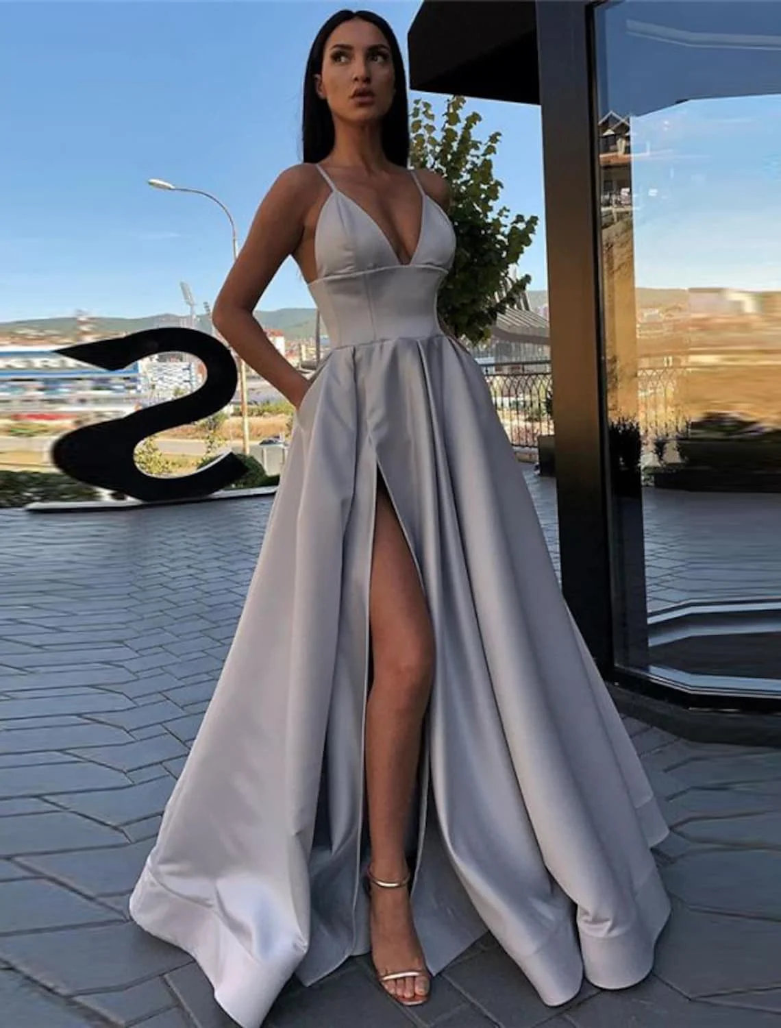 Sexy A-line Slit Formal Evening Dress 2022 Blue/Silver Spaghetti Strap Satin Pleats Prom Party Gowns Robe De Soiree Vestidos red evening gowns Evening Dresses