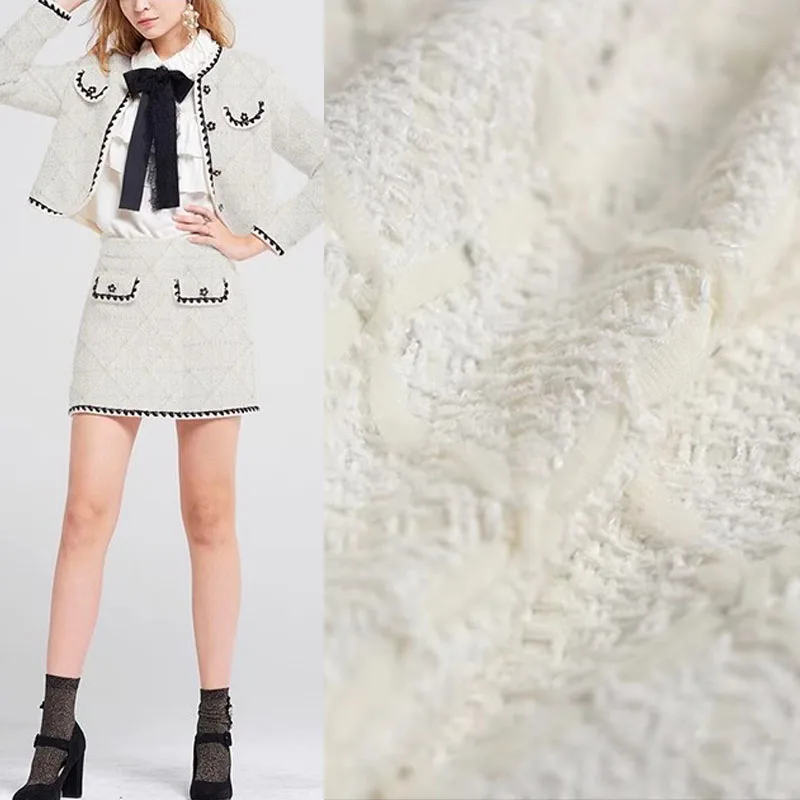 

50x145cm Fashion White Diamond Check Yarn-Dyed Braided Tweed Fabric For Women Autumn Jacket Dress Suits Coat Handbag DIY Cloth