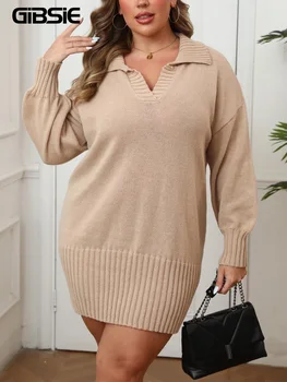 GIBSIE Plus Size Polo Collar Drop Shoulder Sweater Dress Women 2025 Casual Long Sleeve Winter Loose Knitted Pullover Dresses