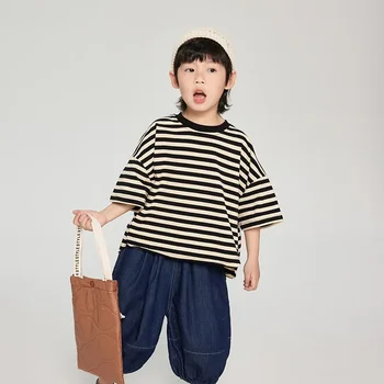 2024 Summer New Boys T-shirts fashion striped half sleeve Tees for Kids cotton loose Tops 2-7Y 1