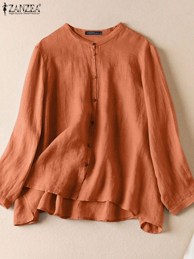

Женская винтажная рубашка ZANZEA, модная Осенняя блузка с круглым вырезом и длинным рукавом, свободные рабочие топы, рубашка, повседневные однотонные Блузы на пуговицах