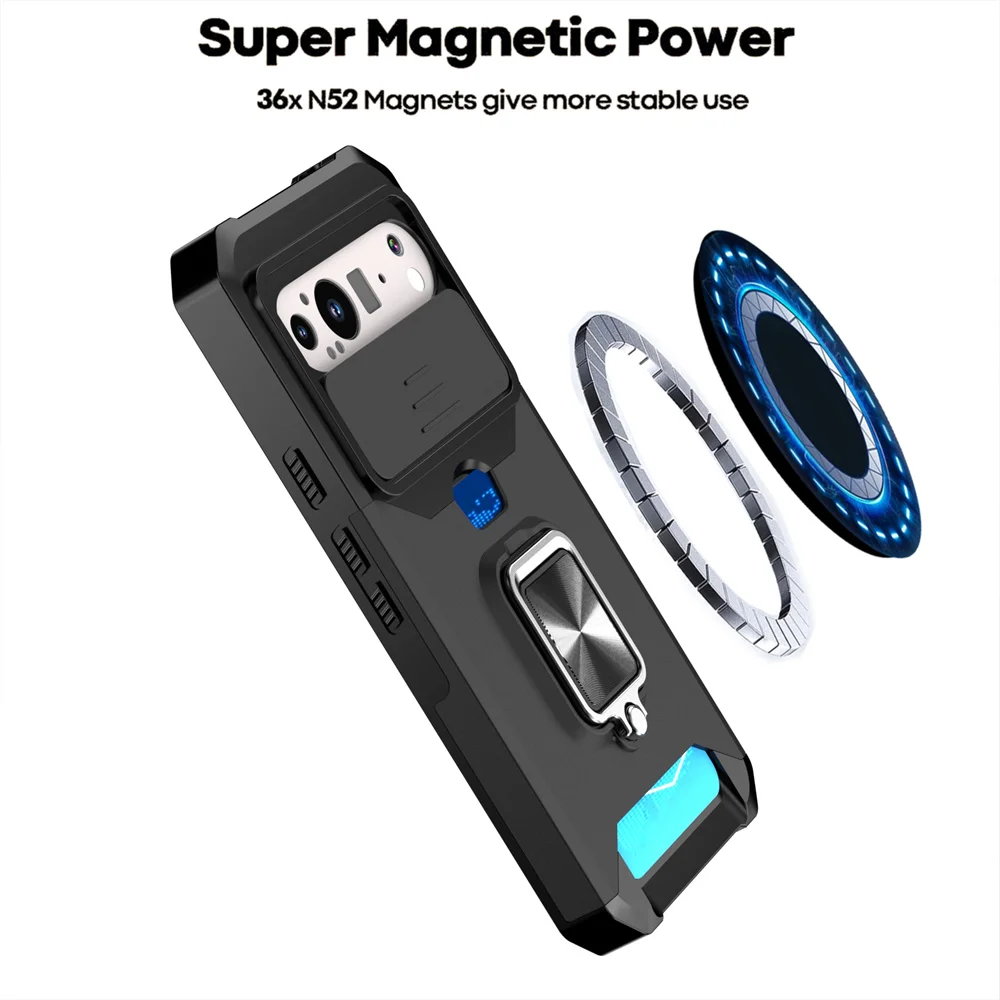 Luxurious Magnetic Phone Case with Slide Camera Protection and Folding Ring Stand