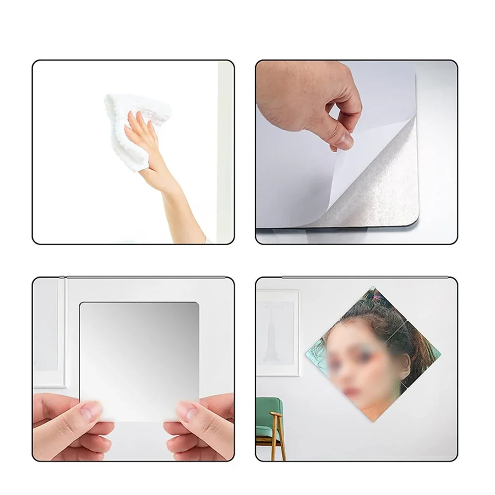 Square Wall Mirror Tiles Acrylic Flexible Sheets Sticky Wall Sticker 1pc 20 X 20 Cm for Door Bathroom Home