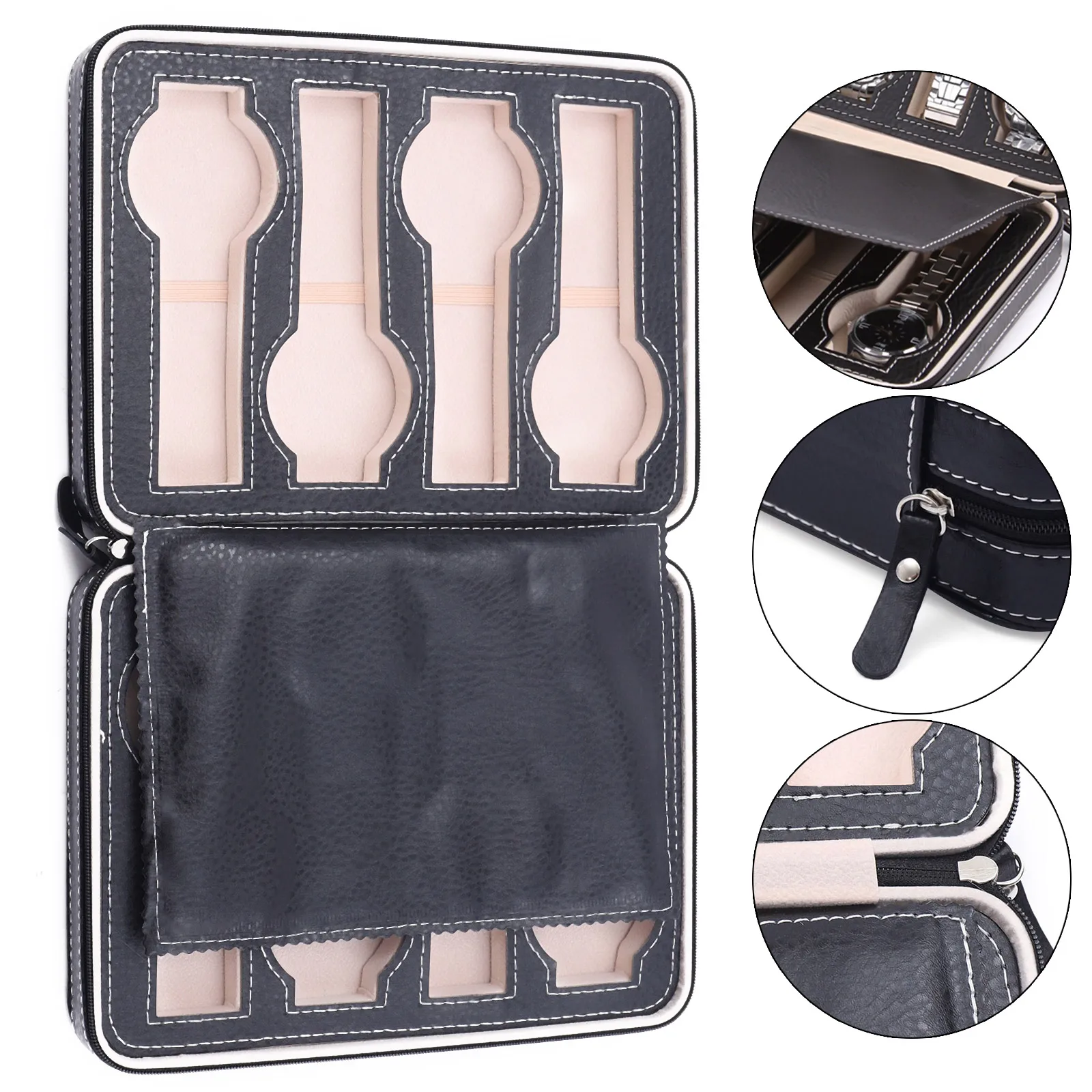 

Slots Watch Storage Bag PU Leather Watch Display Holder Case Portable 8 Grids Travel Watch Box with Zipper