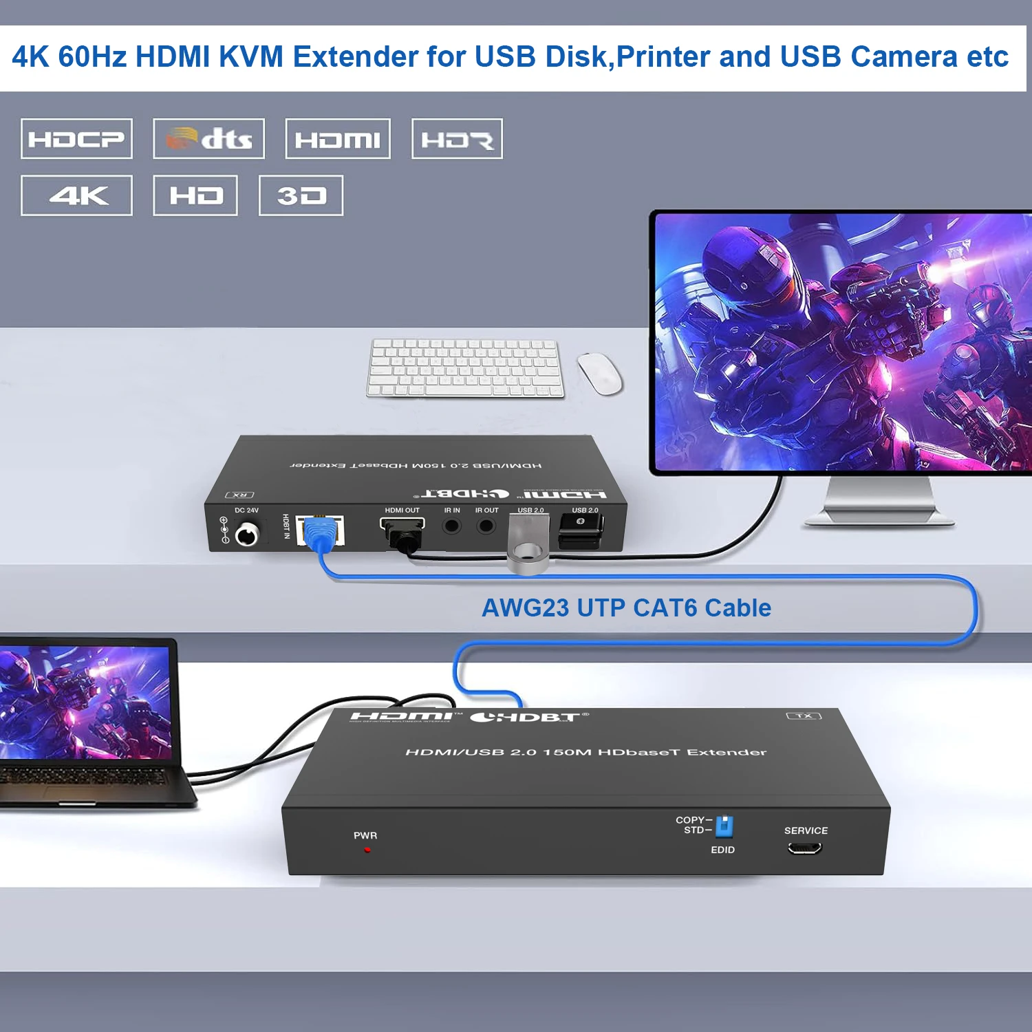 4K 60Hz 120M HDMI KVM Extender over RJ45 Ethernet Cat6 Cable HDMI USB Extender T