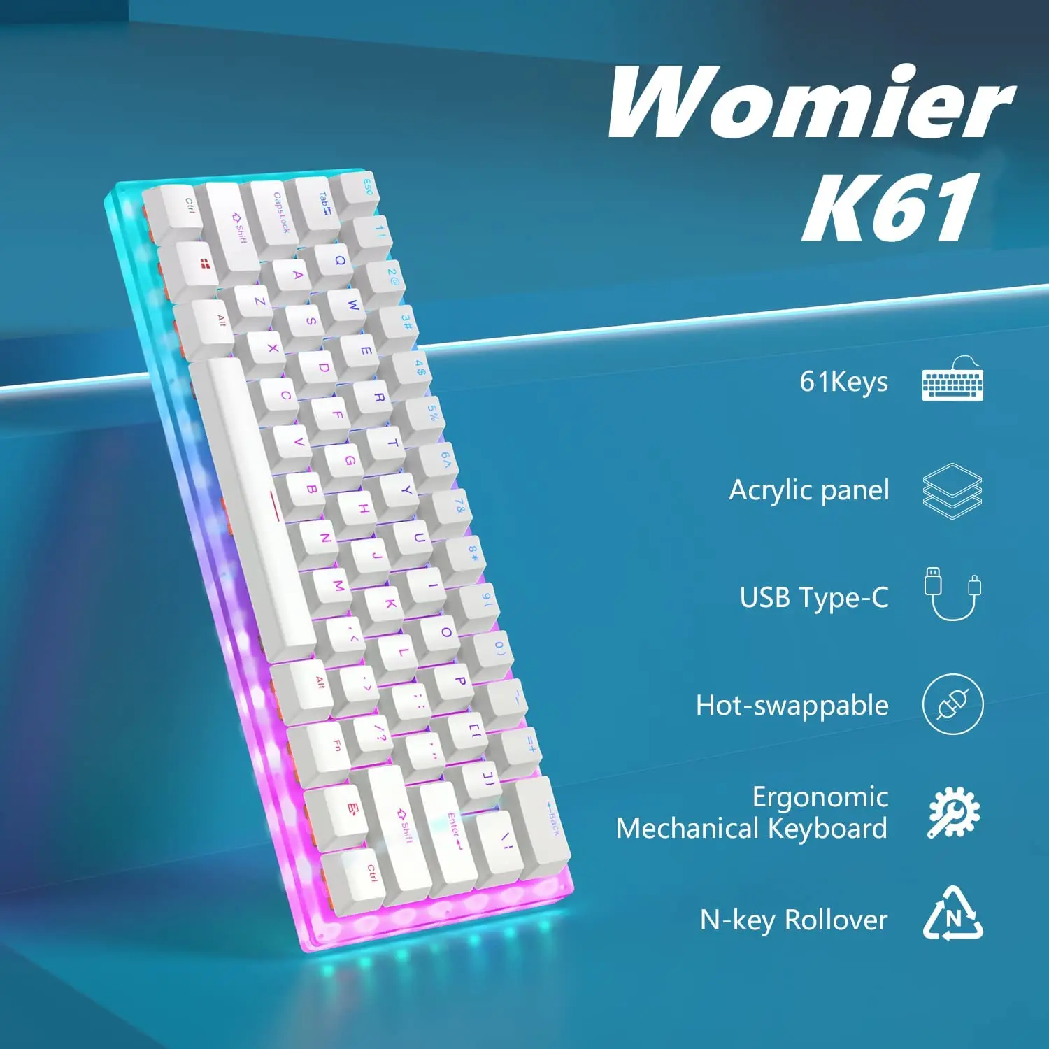 Womier K61 PRO Mechanical Keyboard 60% Layout 61 Keys Hotswap Backlit Gamer Keyboard Gateron Switch Pudding Keycaps for PC Xbox 