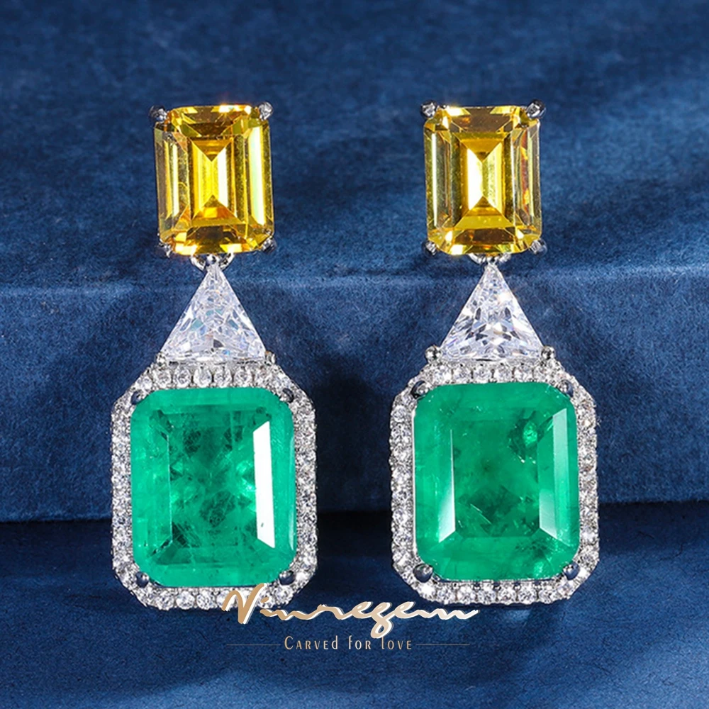 

Vinregem Bohemia 10*12MM Lab Created Emerald Paraiba Tourmaline Citrine Gemstone Sona Diamond Drop Earrings For Women Jewelry