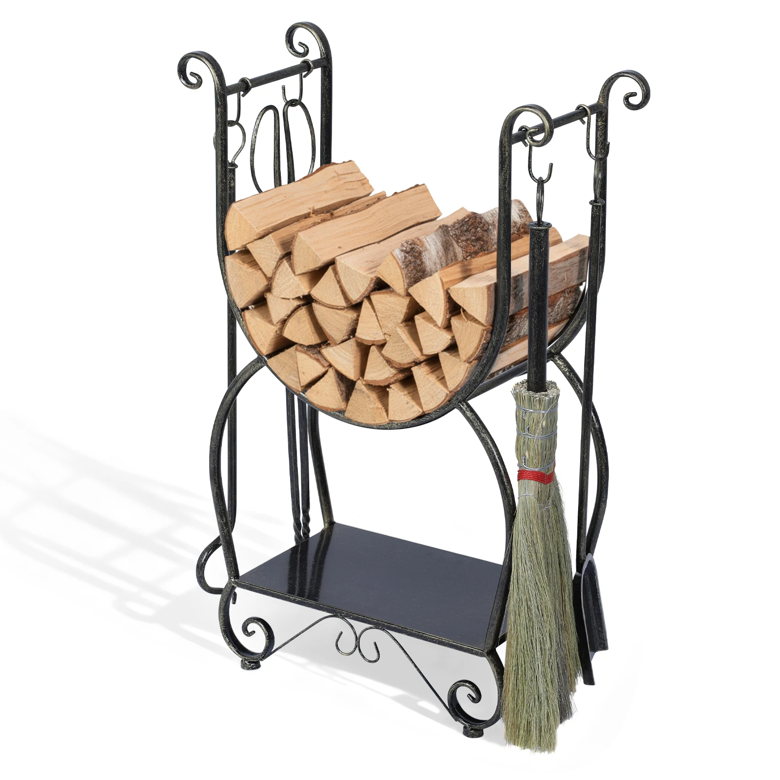 Metal Black Copper Firewood Rack Set with Fireplace Tools