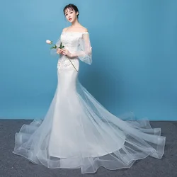 Mermaid Wedding Dresses With Train Lantern Sleeve Wedding Gowns Flower Embroidery Applique Bride Dress Custom Made Gelinlik