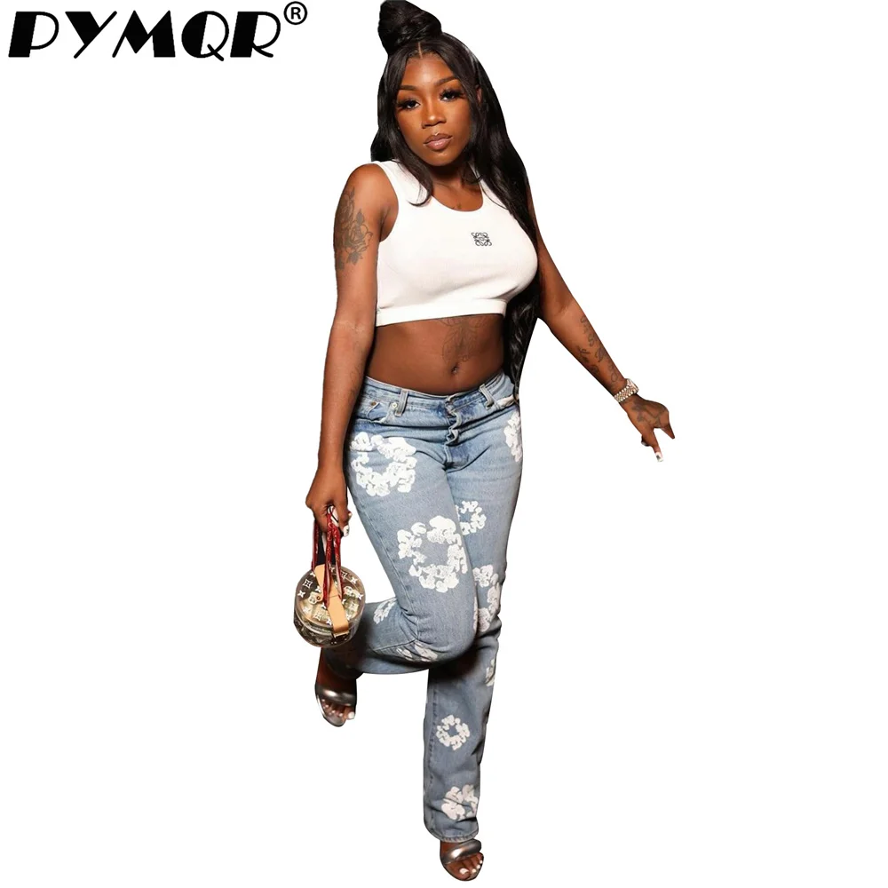 PYMQR New Fashion Printed Elastic Sexy Baggy Jeans Women