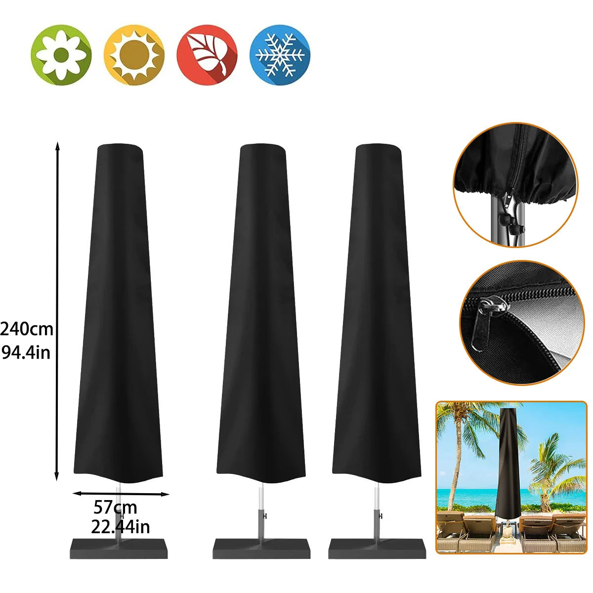 Waterproof Black Windproof UV Resistant Patio Umbrella Cover with Zip