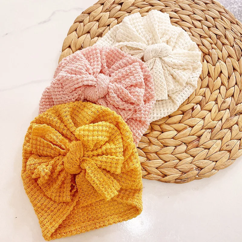 1pc Big Waffle Knitted Bows Turban Baby Toddler Babes Head Wraps Girls Boys Beanies Caps Infant Hair Accessories Kids Headwear