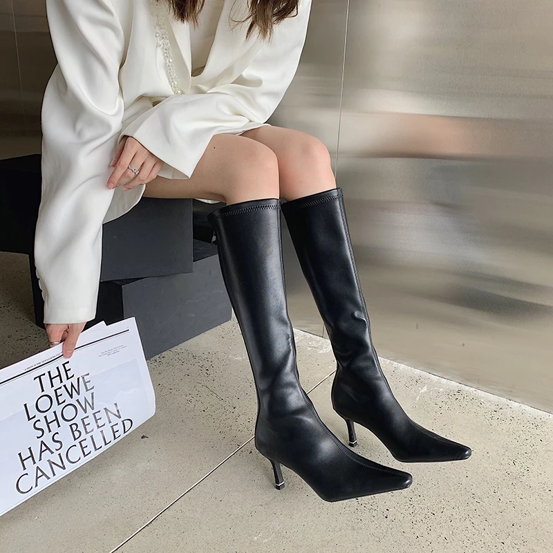 Black Beige White Women Knee High Boots Autumn/Winter Stretch Booties Back Zipper Thin High Heels Elegant Dress Shoes Party