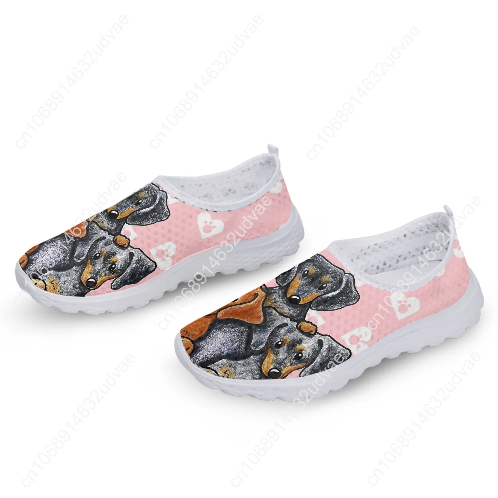 Fashion Cartoon Dachshund Print Lightweight Breathable Mesh Shoes Pink Heart Print Loafers Soft Casual Sneakers
