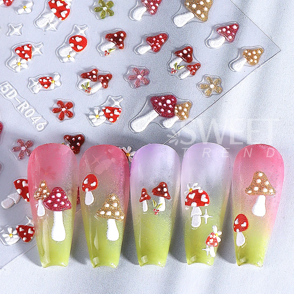5D Embossed Flash Frog Nail Art Sticker Adhesive Mushrooms Flower Autumn Winter Nail Decals Manicure Decoration Nail Supplies