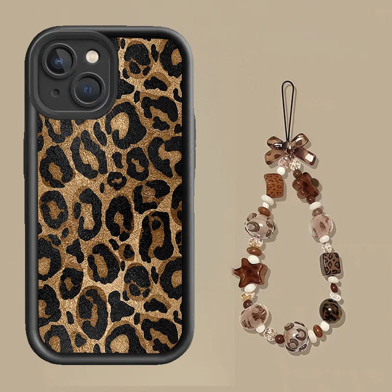 Leopard Pattern Phone Case with Chain Attachment