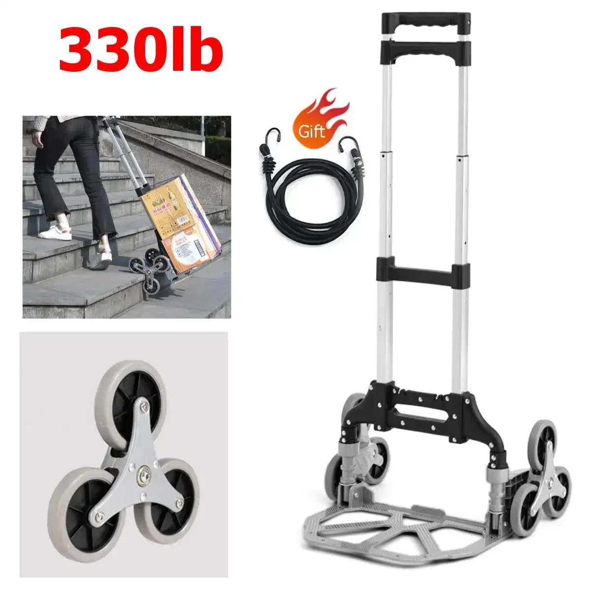 330lbs For Upstairs Cargo Stair Climbing Cart All Terrain Stair Climbing Hand Truck with Bungee Cord Portable Folding Trolley