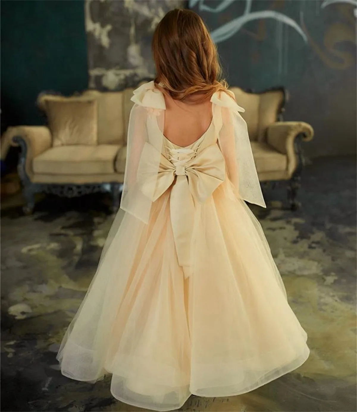 

Large Bow Flower Girl Dresses Elegant Ankle Length For Weddings V-neck Appliques Sleeveless Princess Communion Gowns Birthday