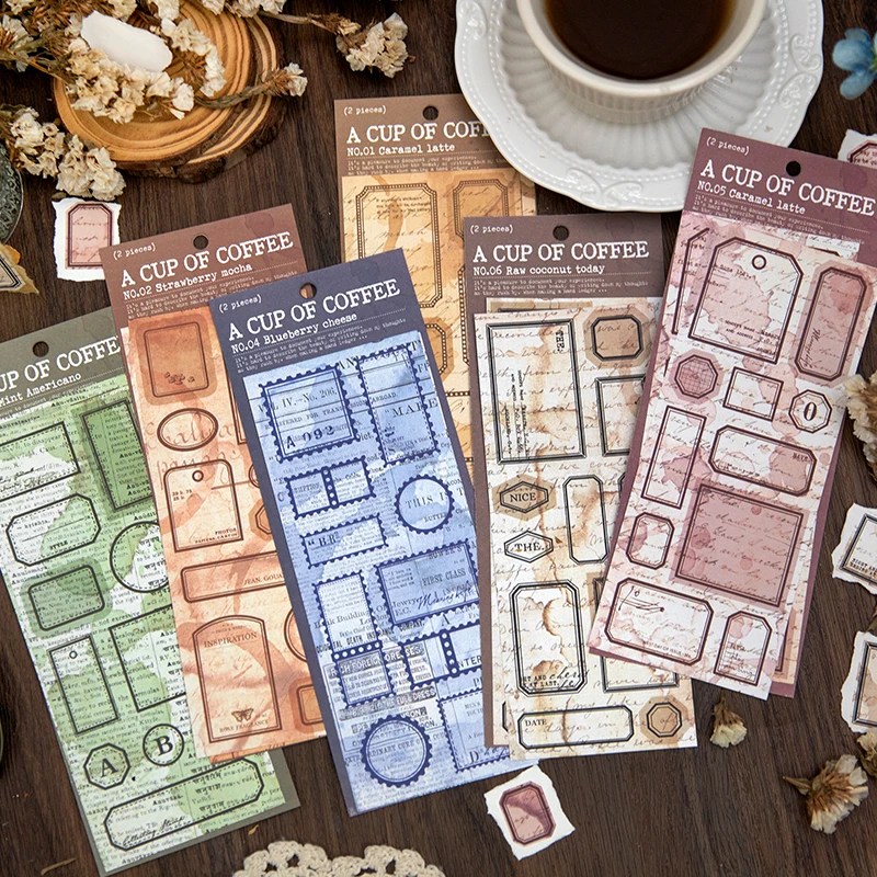 

2Sheets Tape Cup Coffee Label Collage Handbook Decorative Material sticker Adhesives Tapes Scrapbook Cut 195*162mm