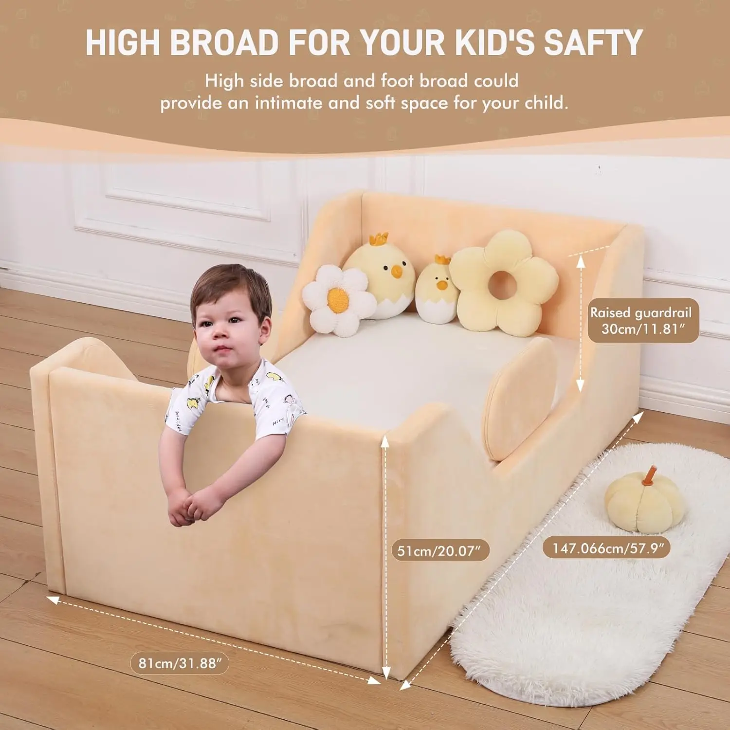 Bed, Child Bed for Kids with Extra Safty Broad, Standard Crib Size Toddler Bed, Certified Fabric Toddler Beds,Toddler Fl
