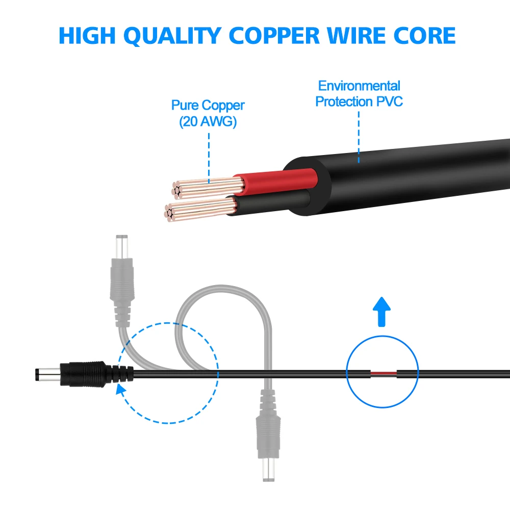 Rallonge de câble d'alimentation CC pour caméra de sécurité CCTV, rallonge 12 volts, 5.5x2.1mm, 2m, 6,56 pieds, 5m, 16,5 pieds, 10m, 33 pieds