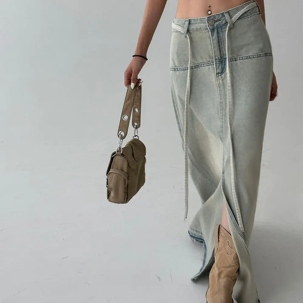 Denim Long Skirts Slit Lace Up High Waist Women Vintage Elegant Sexy Summer Streetwear Classic Y2k Girls Fashion European Style