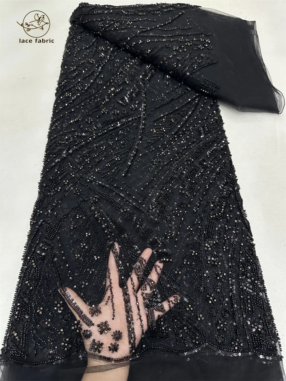 

Black African Handmade Beaded Lace Fabric 2024 High Quality 5yards Sequins French Tulle Beaded Lace For Wedding Party Dresses