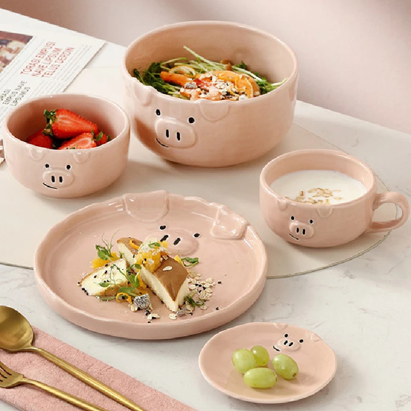 European Creative Cute Pink Pig Tableware Dishes Home Ceramic Plate Breakfast Nordic Wind Irregular Matte Plate Kitchen Utensils dining dish