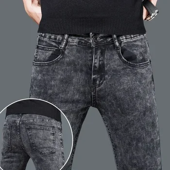 남성용 플러시 울 스키니 청바지, 한국 패션, 기모 데님 플리스 슬림, 보온 두꺼운 바지, 가을 및 겨울