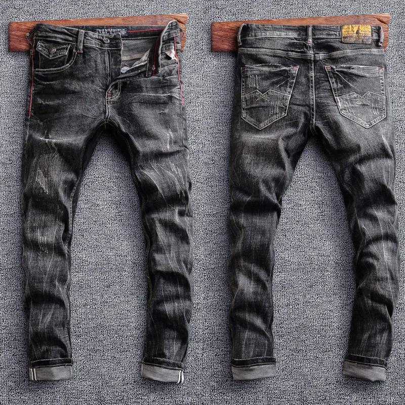 Italian Style Fashion Men Jeans Retro Black Gray Elastic Slim Fit Ripped Jeans Men Trousers Vintage Designer Casual Denim Pants