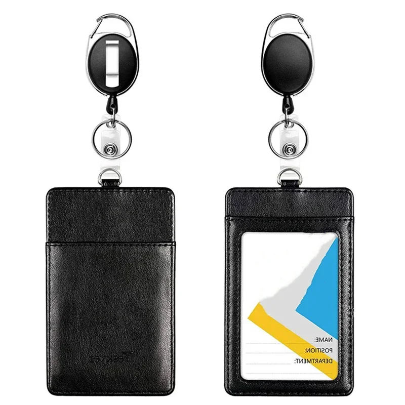 Women Men Black Card Wallet Retractable Key Chain Lanyard for Keys ID Card PU Leather Bus Pass Case Cover Badge Holder