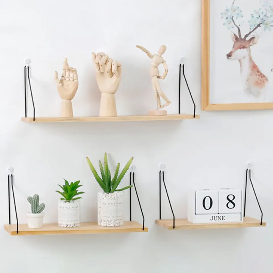 Floating Wooden Wall Shelf with Metal Brackets