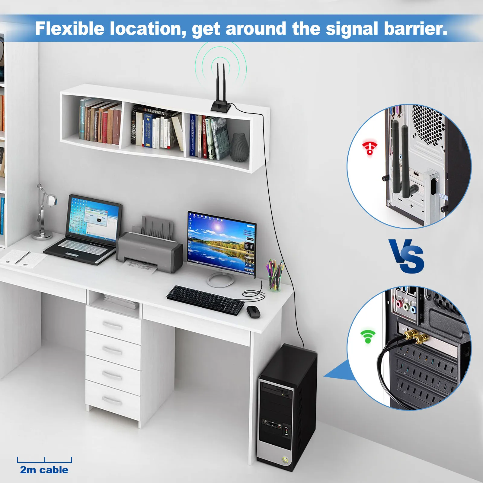 슈퍼뱃 6dBi 듀얼 밴드 WiFi 2.4G 5G 5.8G 고출력 무선 공유기 안테나 마그네틱 베이스 2M 연장 케이블 RP-SMA 남성용 PC용