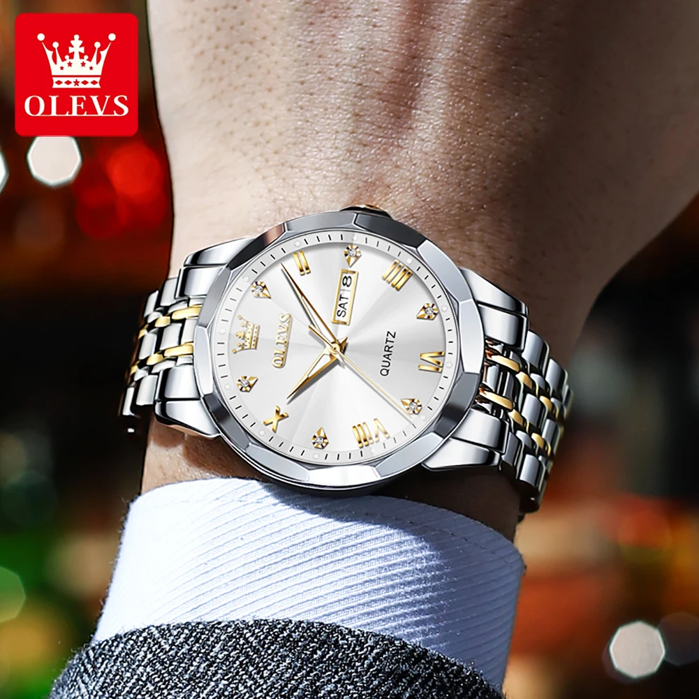 OLEVS men's watches Rombusz Tükör Meg nem látott Kvarc nézni számára Férfi Vízhatlan esőköpény Világító Rozsdamentes Acél Karóra Apaállat Datálódik Hét