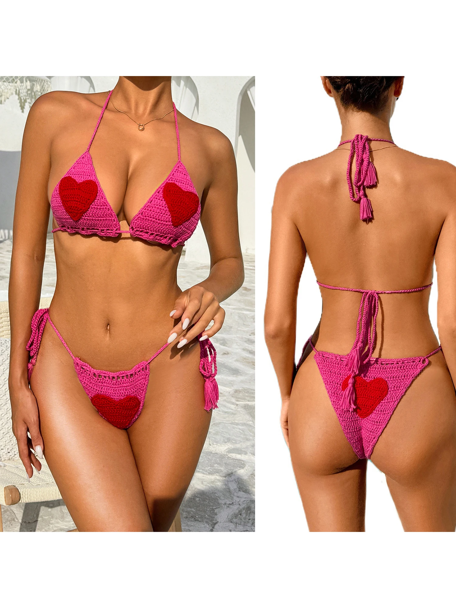 Women s Two Piece Bathing Suits Sleeveless Halter Neck Woven Heart Bra Low Waist Thong Sets with Floral Print Detail