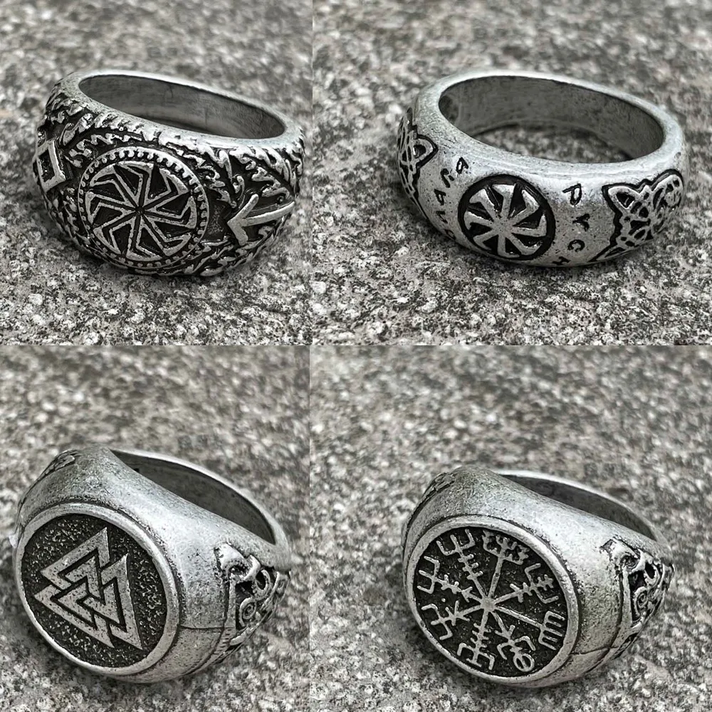 Slavic Kolovrat Symbol Nordic Runes Valknut Vegvisir Scandinavian Viking Ring Mens Signet Rings