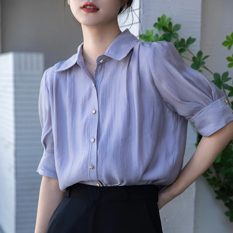 

Purple Puff Sleeve Blouse Women 2023 Summer Fashion Turn-down Collar Button Up Shirt Woman Woman Loose Short Sleeve Office Top