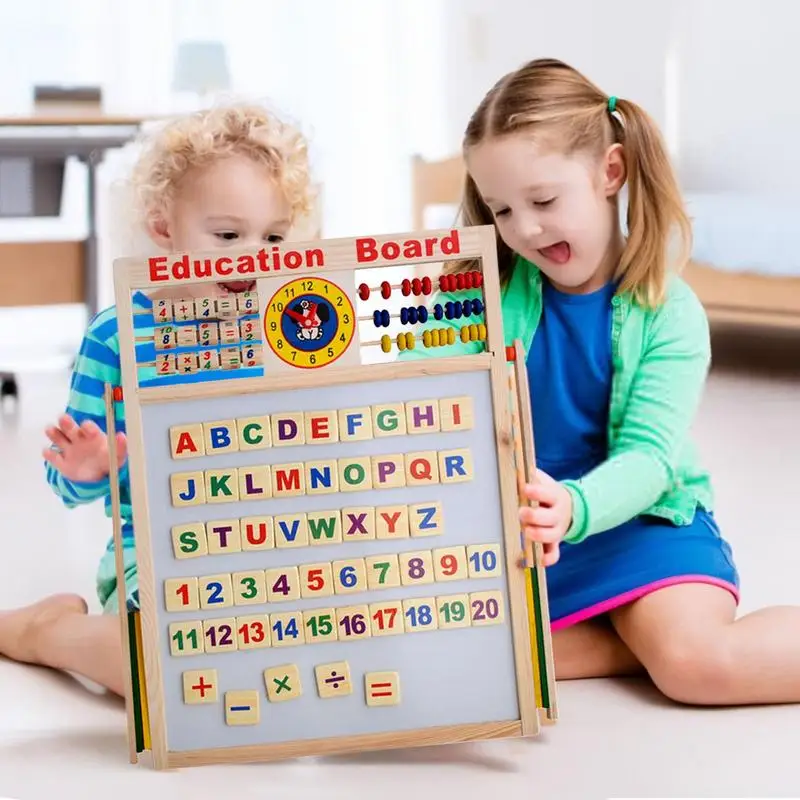 Wooden Kids Easel Drawing Board Double-Sided Toddler Drawing Chalkboard Magnetic Dry Erase Board With Abacus Bracket Type Wooden