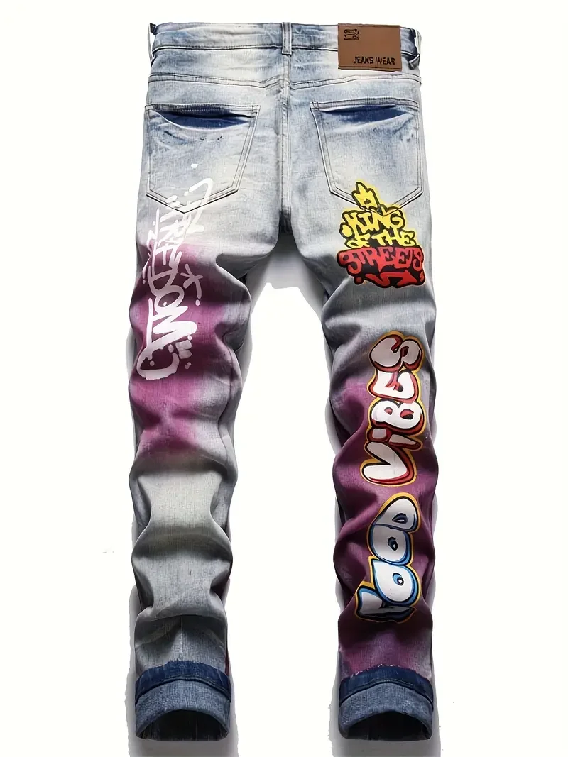 Men's Street Style Jeans Funny Graffiti Heart Fingerprint Pattern Print Denim Pants Tie Dye Printed