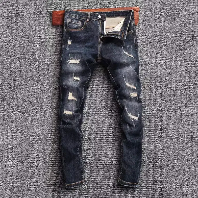 High Street Fashion Men Jeans Vintage Blue Stretch Elastic Skinny Fit Ripped Jeans Men Hole Designer Denim Pencil Pants Hombre sexy light blue ripped jeans for women 2021 street style sexy mid rise distressed trouser stretch skinny hole denim pencil pants