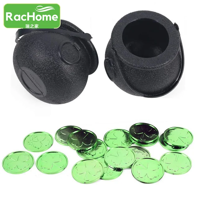 Szent Patrik Szerencsés Shamrock Műanyag Érmék + Cukorka Kannák Ír Zöld Lóhere Dekoráció Kincsvadászat Játékszerek 25Pcs