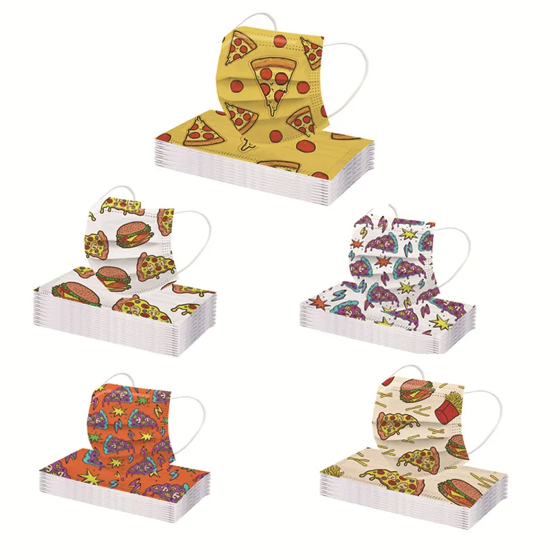 

50pcs Adult Disposable Mask Fashion Burger Pizza Printed Face Mask masque 3 Layer Breathable Protective Masks mascarillas