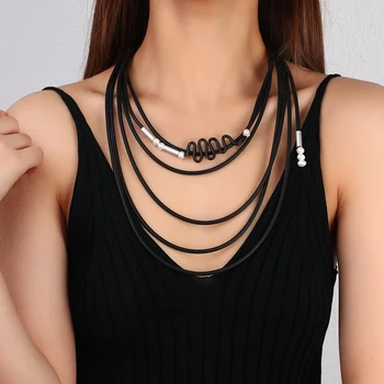 Amorcome Layered Long Black Rubber Statement Necklace Unusual Pearls Multi Strand Bib Necklaces Costume Jewelry Gift