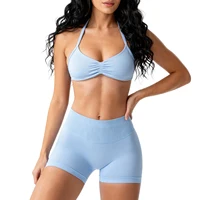 Seamless 2 Pieces Strappy Yoga Halter Bras Sets Scrunch Butt Sports Shorts Quick Dry Backless Gym Crop Tops with Pad Push Up Set - Image 2